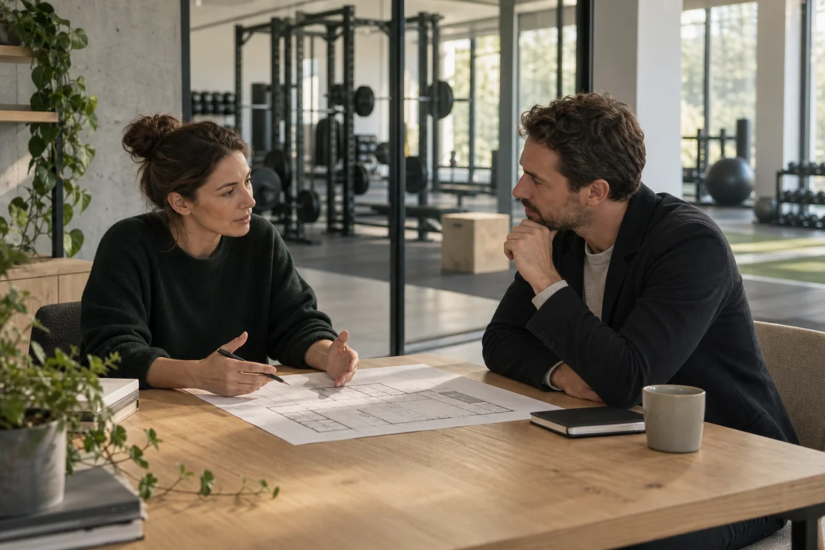 Illustrative scene of two professionals discussing a facility project.